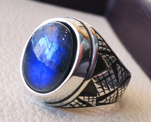 flashy blue labradorite heavy men ring sterling silver 925  natural stone all sizes jewelry fast shipping ottoman middle eastern style