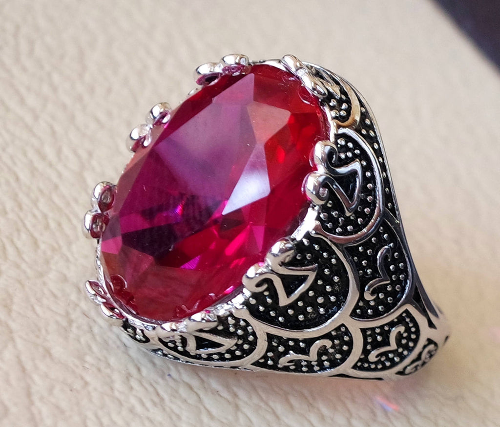 corundum red ruby identical synthetic stone high quality imitation  color huge heavy men ring sterling silver 925 any size ottoman jewelry