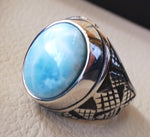 Dominican larimar blue natural stone ring sterling silver 925 men jewelry all sizes semi precious gem highest quality middle eastern style