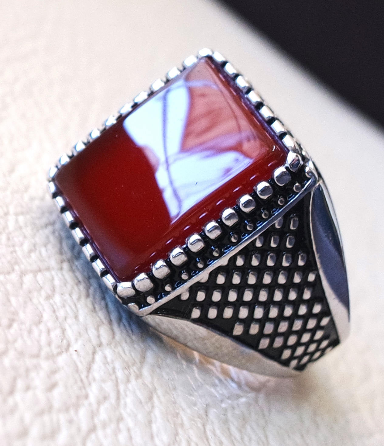 Men ring rectangular silver aqeeq flat natural semi precious agate carnelian gemstone  sterling silver 925 jewelry all sizes fast shipping