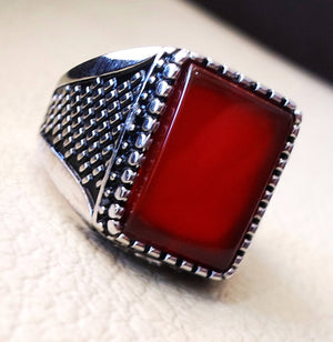 Men ring rectangular silver aqeeq flat natural semi precious agate carnelian gemstone  sterling silver 925 jewelry all sizes fast shipping