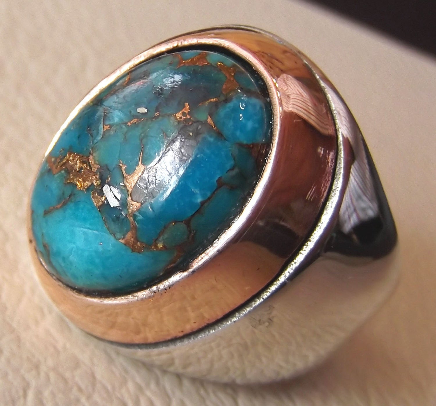 copper turquoise natural stone men sterling silver 925 ring oval cabochon semi precious gem bronze frame ottoman style all sizes jewelry
