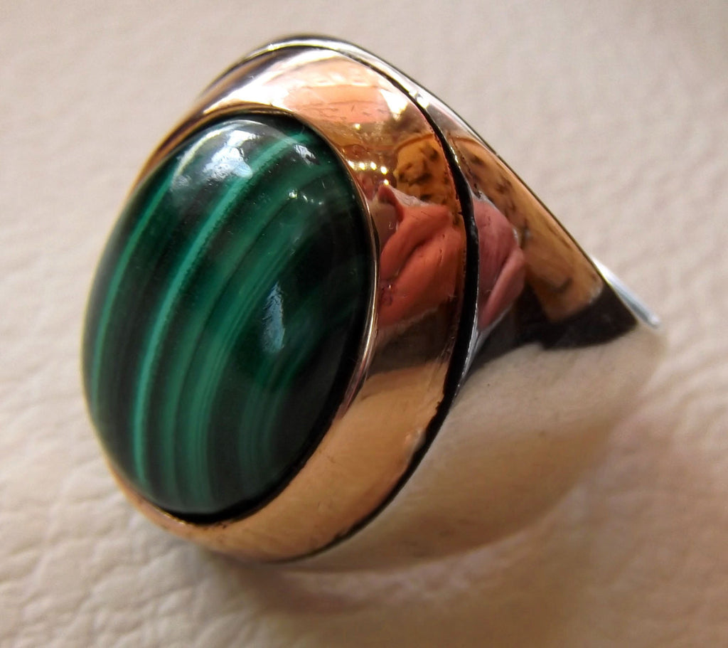 huge malachite natural green stone sterling silver 925 ring jewelry bronze frame eastern turkish arabic style oval semi precious cabochon