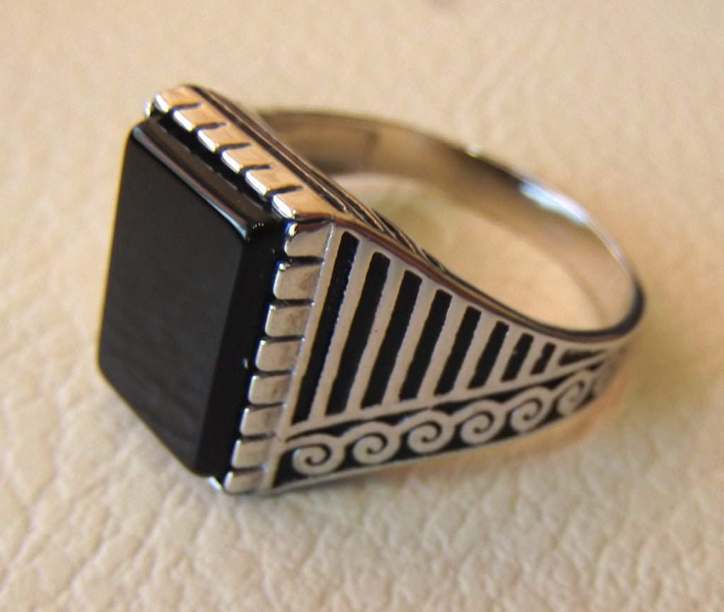 onyx black agate natural flat rectangular semi precious stone sterling silver 925 man ring any size turkey arabic style jewelry fast ship