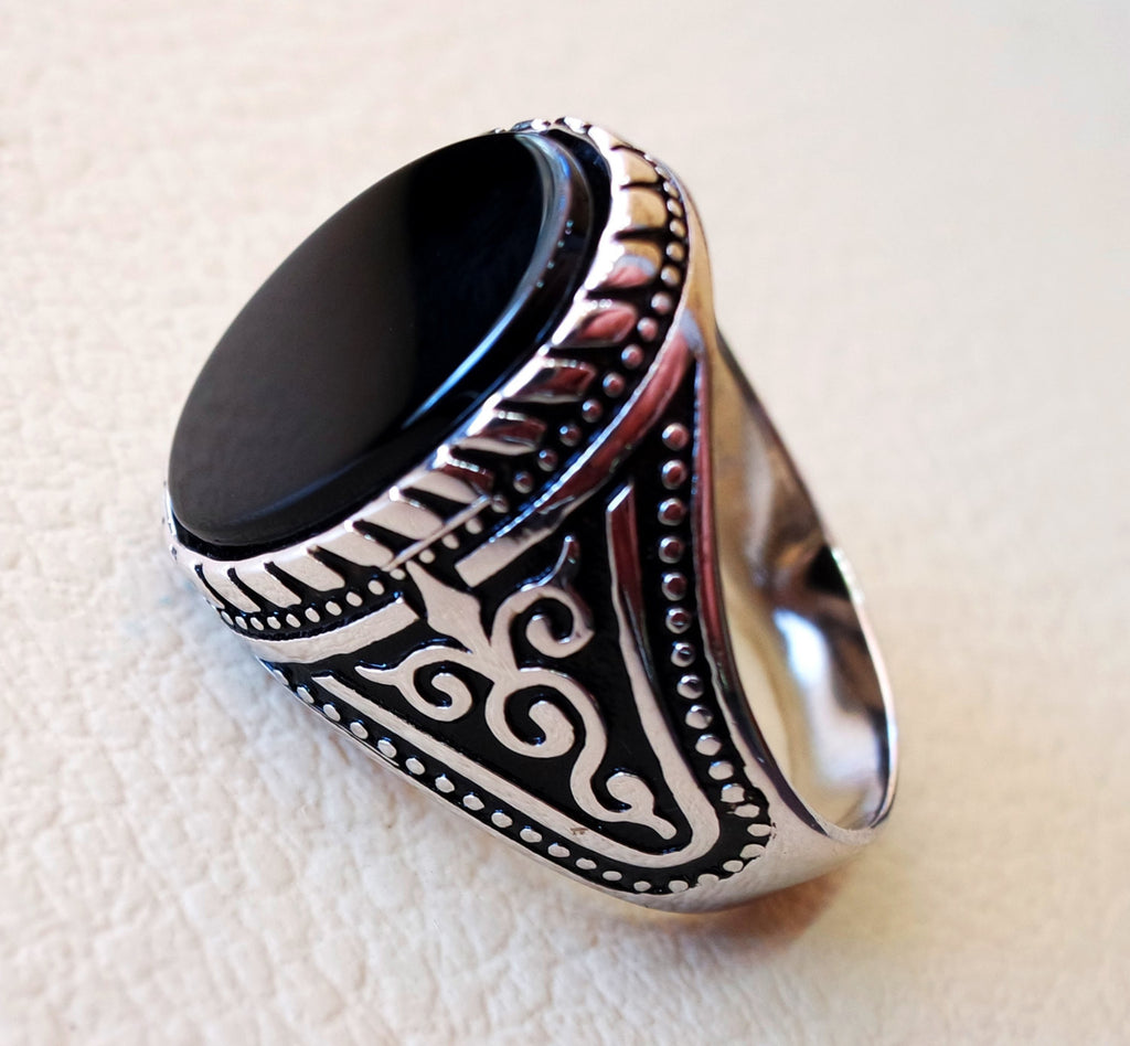 flat black onyx agate aqeeq stone arabic turkish ottoman style man ring all  sizes sterling silver 925 oval gem shape antique jewelry