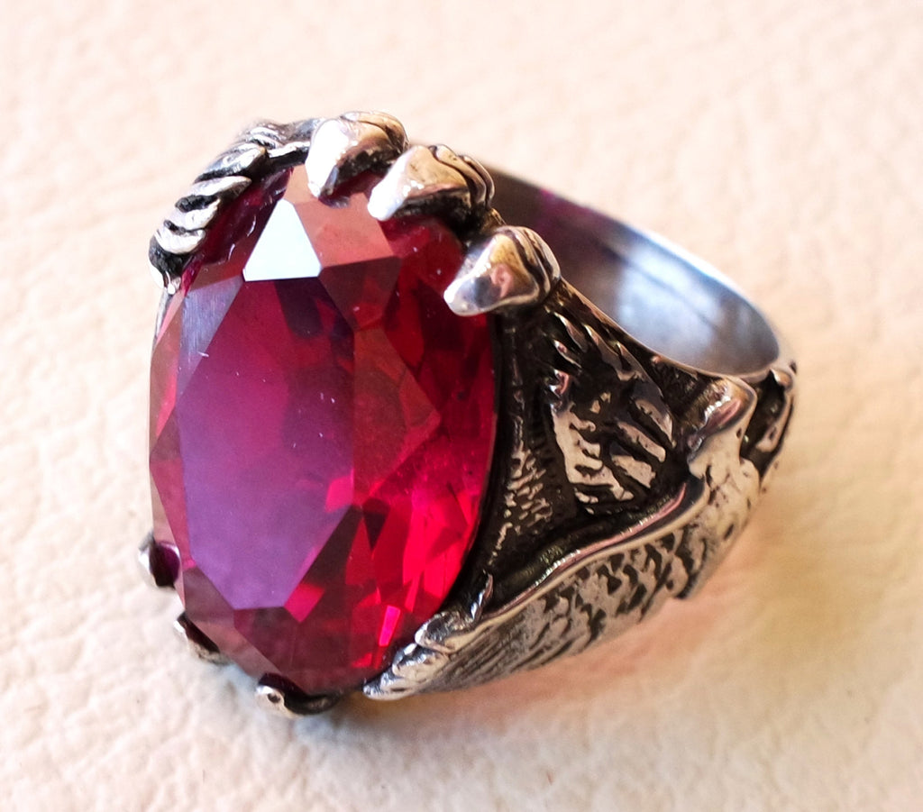 eagle man ring sterling silver 925 oval ruby imitation red synthetic corrundum stone all sizes jewelry gem identical to genuine high quality